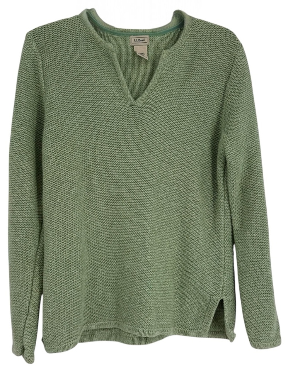 LL Bean Sweater Women Medium Green V Neck Vintage Cotton Pullover Mid-Weight 90s